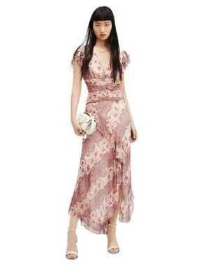 NEW ALLSAINTS Womens Midi Dress Clay Pink Size 6 Brea Cascade V-Neck Ruffled